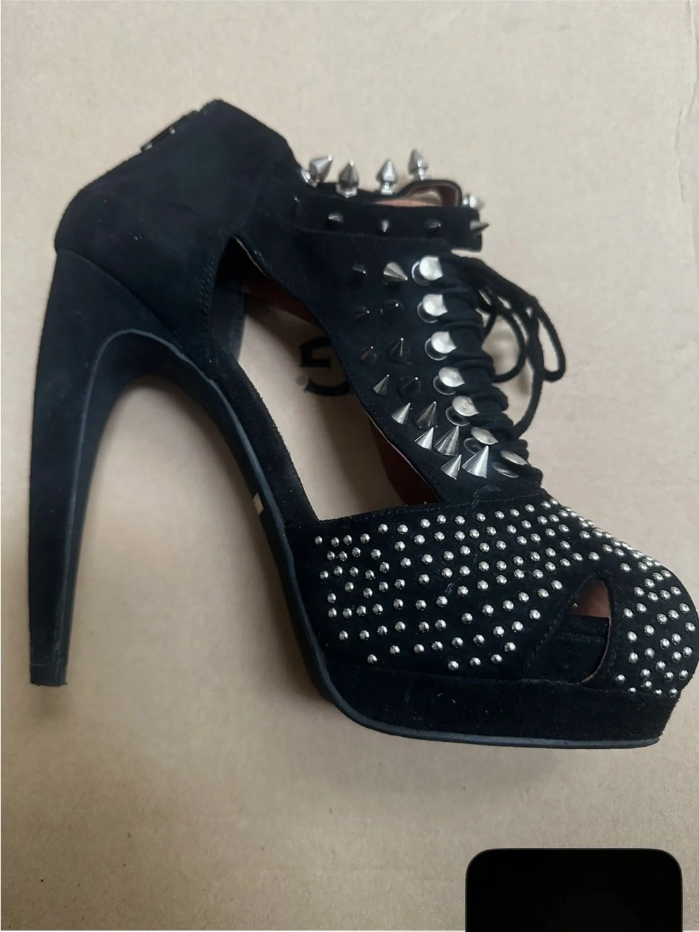Jeffrey Campbell Tawny Black Studded Lace-Up Peep-Toe Booties